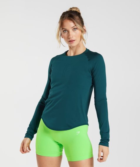 Women's Gymshark Sweat Seamless Long Sleeve Top T-Shirts Turquoise | CA D75860